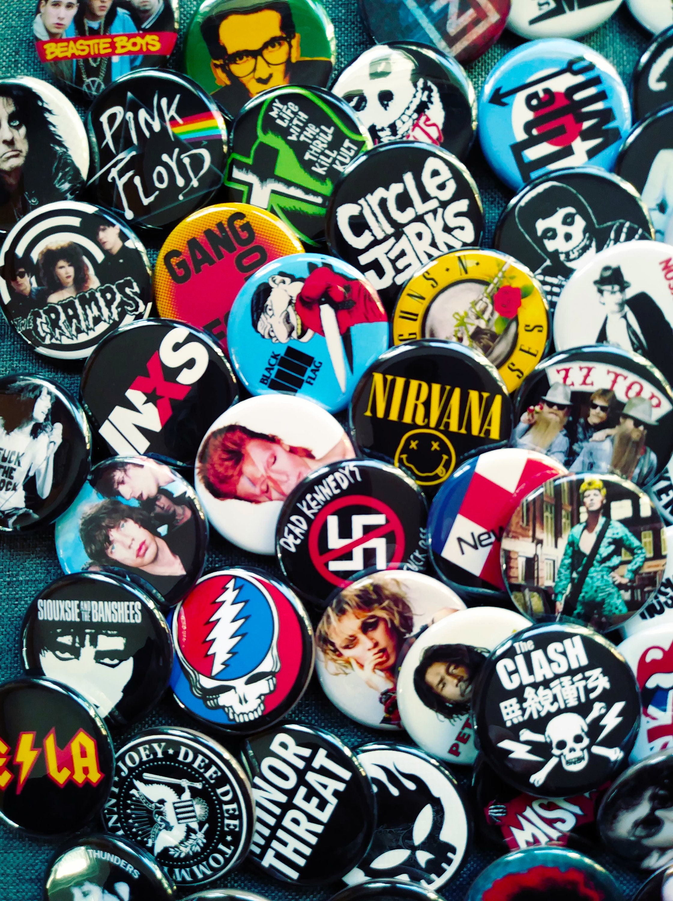 Rock and Roll Buttons, Made to Order 6, 10 or 20 Band Pins 1.25