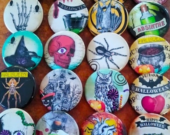 Retro Halloween Buttons, 20-1.25"  Vintage Halloween pins, Horror buttons, Spooky Party favor, button, pin, badge, Magnet
