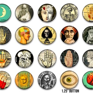 Botones ocultistas, 20 pines de adivinación de 1,25", botones de lotería, botones góticos gitanos, botones de terror, recuerdos de fiesta, botones, pines, insignias, imanes