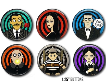 Botones familiares de estilo gótico retro / Conjunto de broches inspirados en la televisión vintage (3,17 cm)