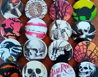 Halloween Buttons, 20-1.25"  Vintage Halloween pins, Skull buttons, Spooky Party favor, button, pin, badge, Magnet