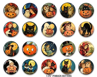 Botones de postales vintage de Halloween / Set de 20 pines retro, gatos negros, calabazas, brujas