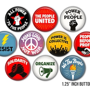 Vintage Protest Button Set – 1960s 70s Political Pins, Power to the People, Solidarity (1.25" Buttons)