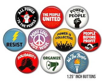 Juego de botones de protesta vintage – Pines políticos de los años 60 y 70, Poder para el pueblo, Solidaridad (botones de 3,17 cm)