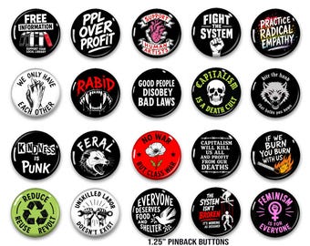 Conjunto de botones de protesta punk, empatía radical, ayuda mutua, pines de activistas feministas