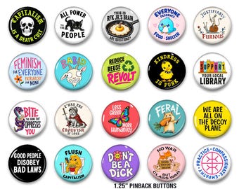 Progressive Protest Buttons Set, Feminist Anti-Capitalist Activist Pins, 1.25 Inch