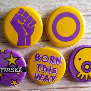 Intersex buttons, Lot of 5- 1.25&quot; Button Pins,  Intersex Pride flag button, Gay Interest , Badge,  Magnet, pins
