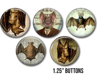 Horror bat buttons, Lot of 5-1.25"  Goth button, Creepy Bats, Vintage bat art, Halloween Badge,  Magnet, pins