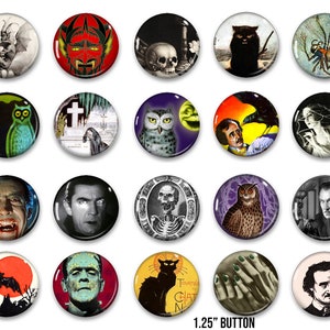 Retro Horror Buttons, 20- 1.25"  Vintage Monster pins, Halloween Horror Movie buttons, Spooky Party favor, button, pin, badge, Magnet