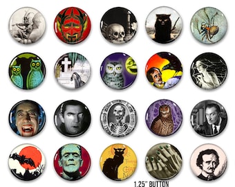 Retro Horror Buttons, 20- 1.25"  Vintage Monster pins, Halloween Horror Movie buttons, Spooky Party favor, button, pin, badge, Magnet