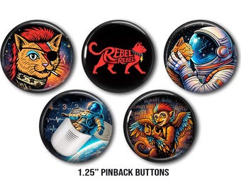 Conjunto de botones Glam Rock Space Cat – Pines retro de ciencia ficción