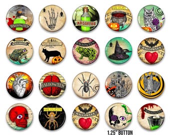 Botones retro de Halloween, 20 pines vintage de Halloween de 1,25", botones de terror, recuerdo de fiesta espeluznante, botón, pin, insignia, imán