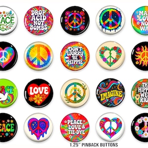 Hippie button set, 1.25&quot; inch pins, peace love buttons tie dye, groovy, psychedelic, retro, 60s, 70s, protest, festival, pinback, badges