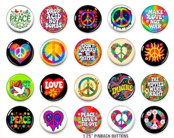 Juego de botones hippies: insignias retro de paz y amor de los años 60 (paquete de 20)