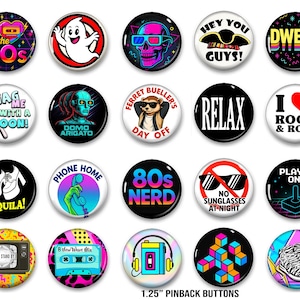 80's Pop Culture Button Set, Totally Rad Retro Pin Pack, Vintage Style 1980s Party Set, Arcade Neon fun for Pop Culture Fans, 1.25" Buttons