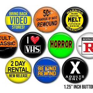 Retro Video Store Buttons 10-1.25&quot;, Vintage VHS buttons, 80s Party Favor, Be Kind rewind, Movie pins, badge, Refrigerator Magnet