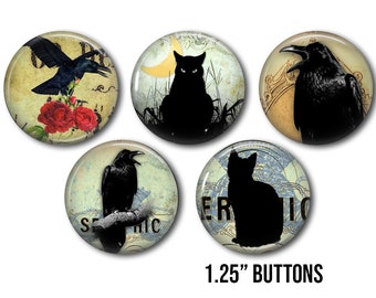 Botones de cuervo gótico, lote de 5 (1,25"), estilo gótico ocultista, con cuervos, gato brujo, insignia de Halloween, imán y pines.