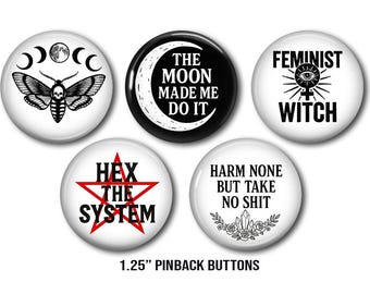 Conjunto de botones de bruja feminista: pin de polilla de la muerte, botones de orgullo pagano, insignia, regalo de bruja oculta, imán, pines
