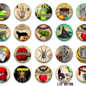 Retro Halloween Buttons, 20-1.25&quot;  Vintage Halloween pins, Horror buttons, Spooky Party favor, button, pin, badge, Magnet