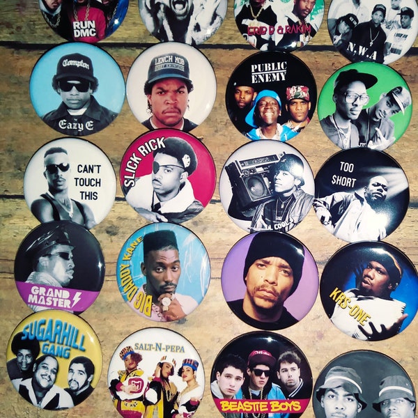 Rap button set of 20- 1.25",  80s Hip hop buttons, button, pin, badge, Magnet