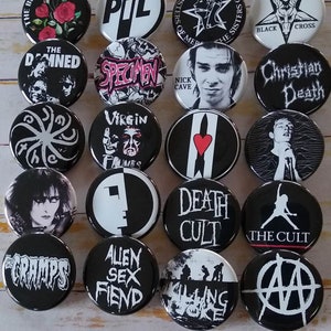 Goth button set, 20- 1.25" 80s Gothic Rock buttons, button, pin, badge, Magnet