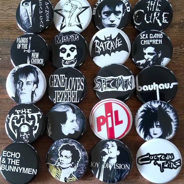 Goth Punk Rock set  of 20- 1.25" Button Pins,  80s Gothic Rock buttons, button, pin, badge, Magnet