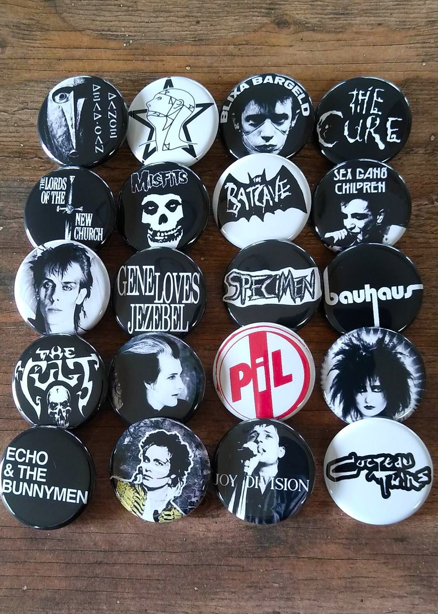 Goth Punk Rock set of 20- 1.25 Button Pins, 80s Gothic Rock buttons,  button, pin, badge, Magnet