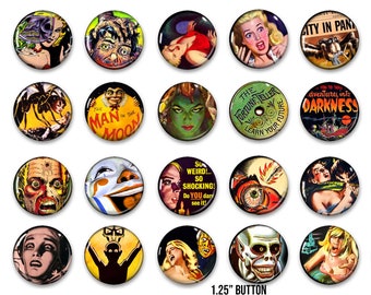 Retro Horror Movie Buttons, 20-1.25"  Vintage Halloween pins, Horror buttons, Spooky Party favor, button, pin, badge, Magnet