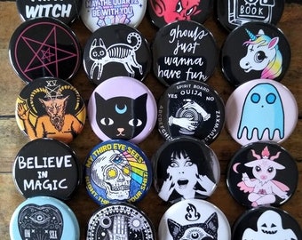Occult Goth Set of 20-1.25" Buttons Pins, Creepy pins, Witch buttons, Tarot Buttons, Funny button, pin, badge, Magnet
