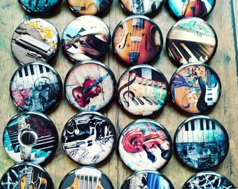 Musical Instrument Buttons, 20-1.25"  Piano pins, Guitar, Sax, Harmonica, Band Music buttons, Party favor, button, pin, badge, Magnet