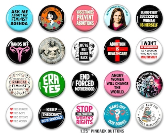 Conjunto de botones de protesta feminista: derechos de las mujeres, proelección, pines "Sí" a la Enmienda de Igualdad de Derechos (ERA).