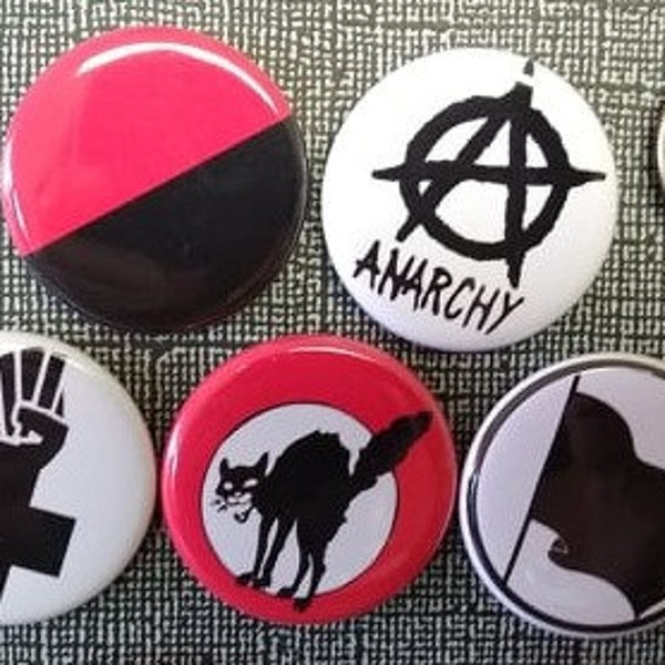 Anarchy Set of 5- 1.25" Pins, Anarchy Flag Punk Rock pinback button set,  Band Music Magnets, Collectable Buttons, Unique Pins