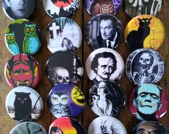 Retro Horror Buttons, 20- 1.25"  Vintage Monster pins, Halloween Horror Movie buttons, Spooky Party favor, button, pin, badge, Magnet