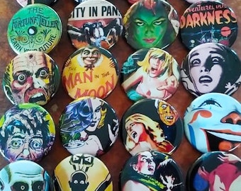 Retro Monster Buttons, 20-1.25"  Vintage Halloween pins, Horror Movie buttons, Spooky Party favor, button, pin, badge, Magnet
