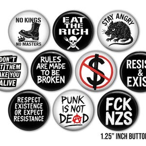 Punk Pins, Punk Protest Button Set, Anarchy, No Masters, Political slogans, 1.25&quot;pins Magnets,  Eat the Rich, Anarchy,  10 pack pins