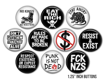 Punk Protest Button Set: Anarchy, Eat the Rich - 10 Pack