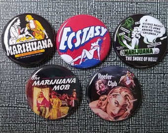 Reefer Madness 1" Button Pin Set Classic Weed Marijuana Drama Comedy 