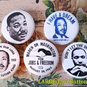 Martin Luther King JR Magnets 1.75&quot; set, Lot of 5,  Civil Rights Magnet gift set Button pins, badge