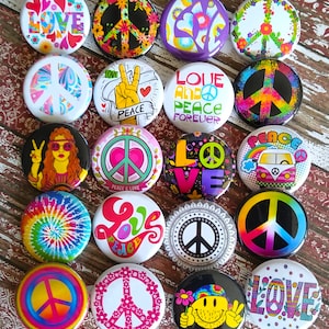 Peace Sign Button set 20-1.25&quot; Button Pin set, 60s Hippie Party favor, button, pin, badge, Magnet, Hippy