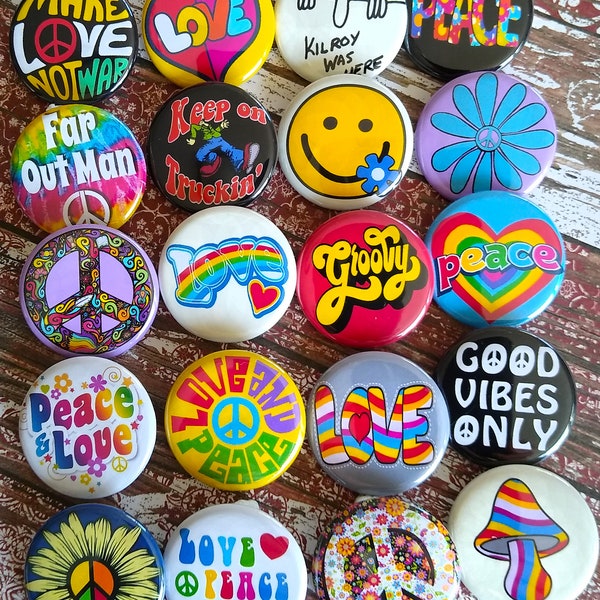 Peace Sign Set of 20- 1.25" Button Set, 60s Hippie Party favor, Smiley face button, pin, badge, Magnet, Hippy 20-1.25"