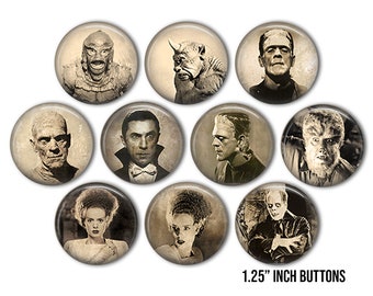 May include: A collection of ten round buttons, each featuring a classic monster image in black and white. The buttons are 1.25 inches in diameter and include images of Frankenstein's monster, the Mummy, and the Creature from the Black Lagoon.