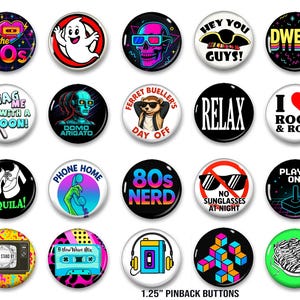 80's Pop Culture Button Set, Totally Rad Retro Pin Pack, Vintage Style 1980s Party Set, Arcade Neon fun for Pop Culture Fans, 1.25" Buttons