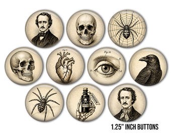 Conjunto de botones de Edgar Allan Poe / Botones con alfiler de Anatomía Gótica, Cuervo, Calavera y Araña / Estilo Dark Academia, Victoriano, Halloween (Conjunto de 10)