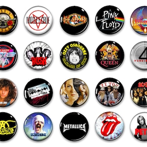 May include: A collection of twenty circular pin-back buttons featuring various classic rock band logos and imagery, including Guns N' Roses, Mötley Crüe, Def Leppard, Pink Floyd, Journey, Van Halen, Rush, Ozzy Osbourne, Queen, Foreigner, Bon Jovi, Judas Priest, ZZ Top, AC/DC, Aerosmith, Scorpions, Metallica, The Rolling Stones, and Tom Petty.