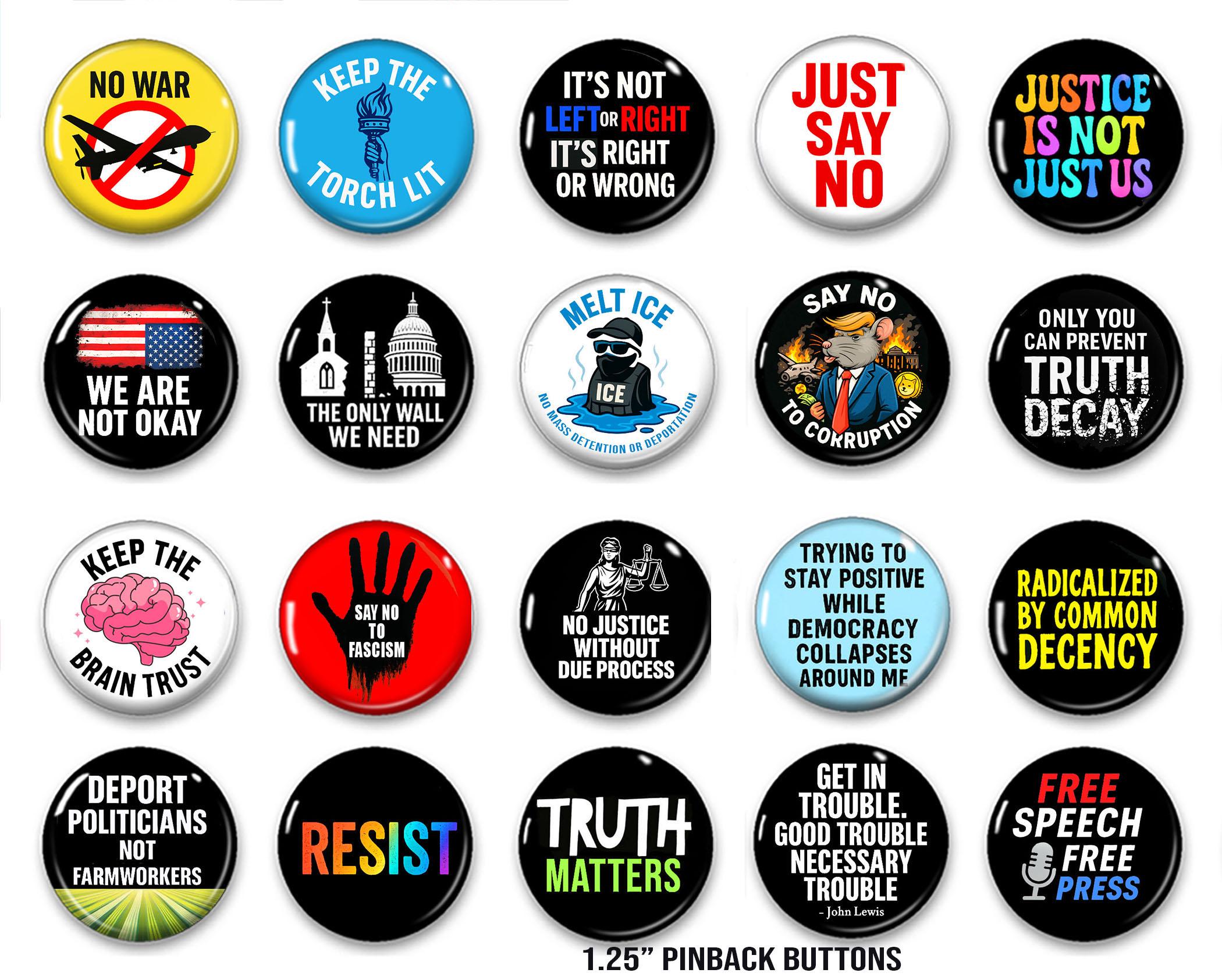 Protest Buttons Set – 20 Political Pinback Buttons | Social Justice, Anti-Corruption, Free Speech, Decency, and Truth Pins