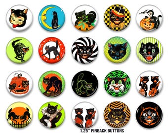 Botones de Halloween de Crazy Cat, 20 pines vintage de Halloween de 1,25", recuerdo de fiesta, botón, pin, insignia, imán