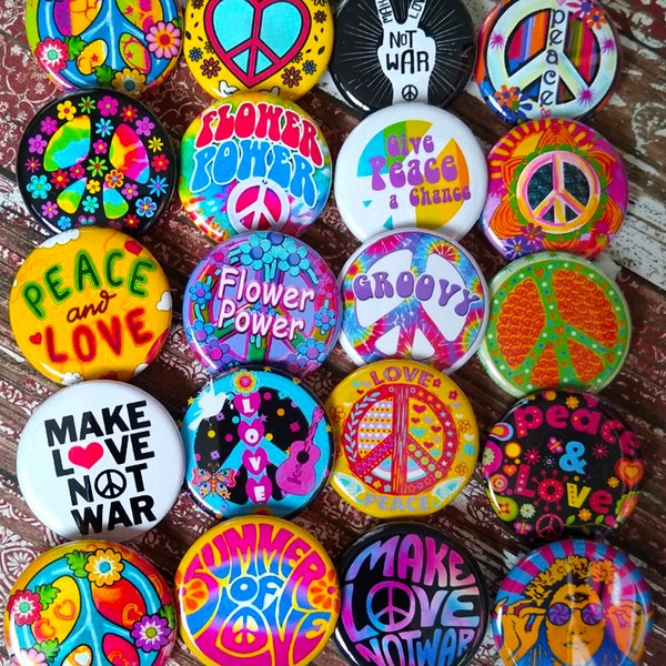 Peace Sign Button set 20-1.25"  60s Hippie Party favor, button, pin, badge, Magnet, Hippy