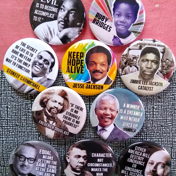 Civil Rights Leaders Buttons,  10- 1.25" Button Pin Set, BLM Buttons, Black Power, Black Political Icons, protest button, pin, Magnet, Badge