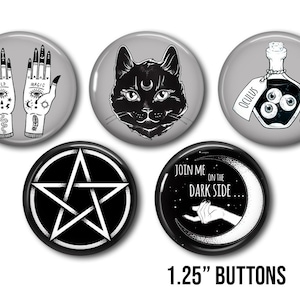 Goth buttons, Wicca Lot of 5-1.25&quot;  Emo button, Goth 5 button set, Badge,  Magnet, pins