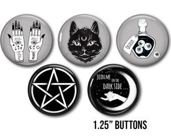 Botones góticos, lote de 5 botones Wicca Emo de 1,25", juego de 5 botones góticos, insignia, imán, pines